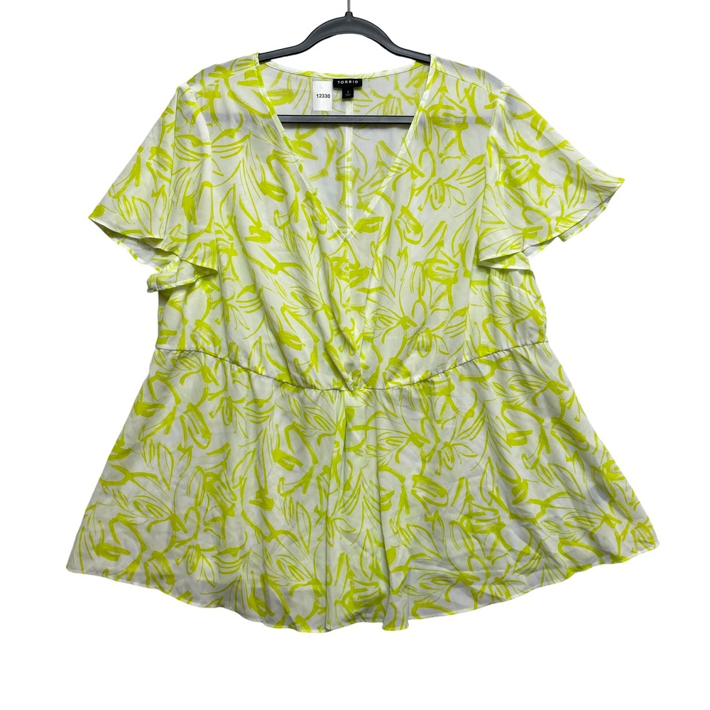 Torrid Blouse Womens 2X White Neon Yellow Abstract Leaf Flutter Sleeve Peplum